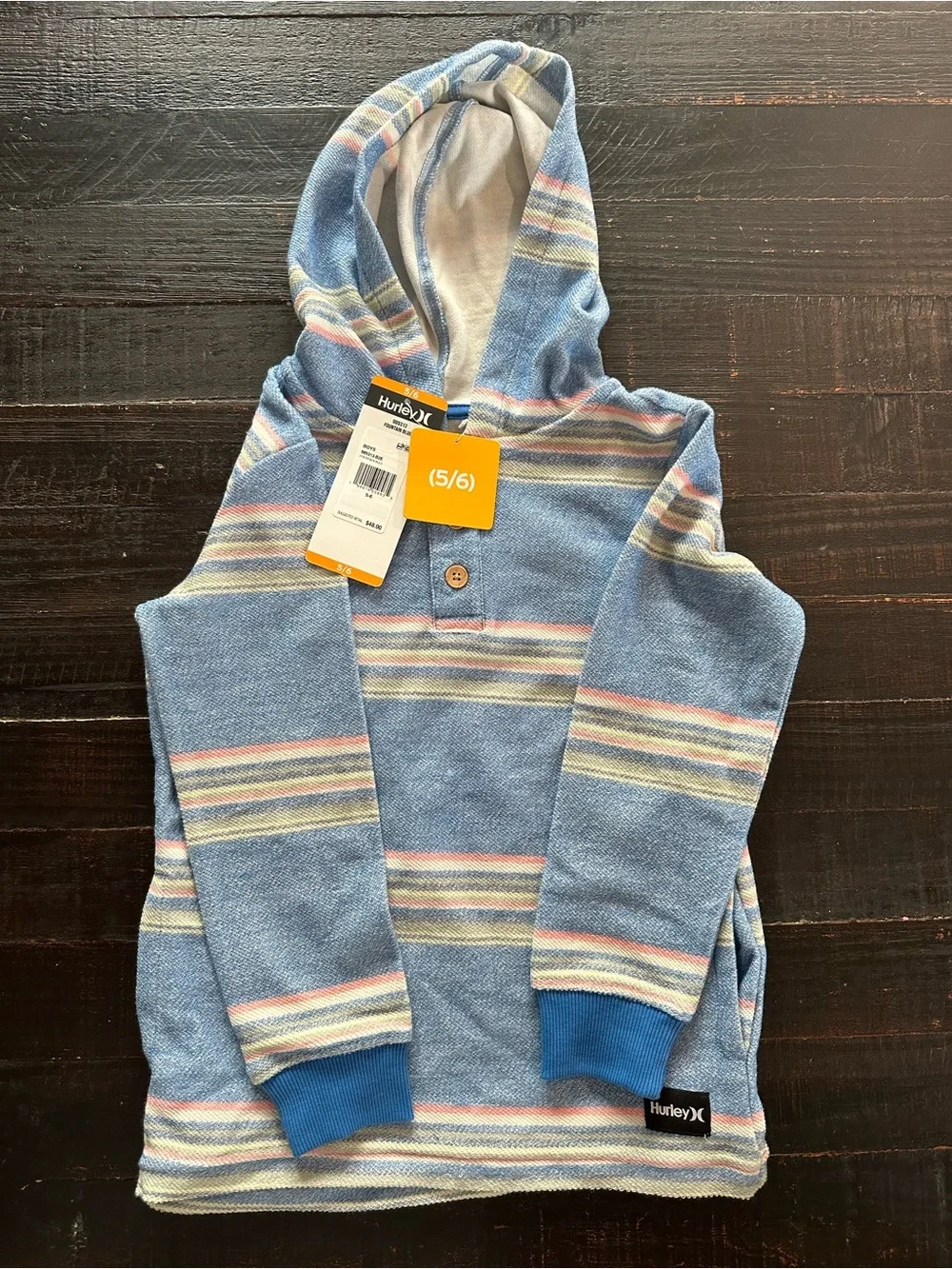 Hurley Hooded Henley Pullover NWT Boys Size 5/6 Blue Striped Sweatshirt